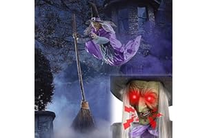 Bajbumgn Halloween Witch Flying on Broom, 170 cm Animatronic Flying Witch with Luminous Eyes and Horror Sound, Witches Props for Cosplay Party, Haunted House, Home, Halloween Party