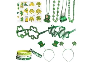 Lelezia 16Pcs St Patricks Day Accessories,Shamrock Green Glasses Elastic Clover Headband Necklace Bracelets Stickers,Irish St Patrick's Day Leprechaun Decoration Favour Supplies Set for Women