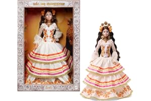 Barbie Signature Lalka Día De Muertos 2025 Kolekcjonerska lalka, kremowa suknia z detalami takimi jak falbanki, aksamitki i naszyte wstążki, kwiatowa korona i charakterystyczny makijaż czaszki, JBJ05