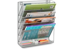 ESYLIFE Wall File Holder Organiser 6 Tier Mesh Wall Mounted Document Paper Magazine Storage Rack in Tray, Silver