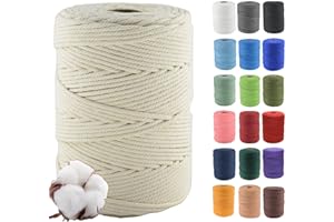 KLHAMKY 4 mm x 300 m Cordón de algodón macramé Suave, 4 hebras retorcidas 100% algodón Natural para Colgar en la Pared, Bricolaje, Manualidades, Tejer, Colgar Plantas, proyectos de decoración
