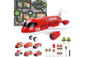 Coolplay Flugzeug Spielzeug Auto Set, 1 Groß Flugzeug 6 Feuerwehrauto mit Verkehrsschilder Spielzeug für ab 3-6 Jahre Junge Kinder