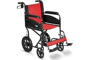MADE MOBILITY Lightweight Folding Wheelchair - Travel Friendly Foldable Transit Wheel Chair - Adjustable Footrests, Lock Lever Brakes - Red, Wide 20" Seat