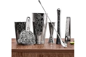 SKY FISH Shaker per Cocktail, Set da Boston Shaker da 7 Pezzi, Kit da Barman Incisione in Confezione Regalo, Lavaggio a Mano (Nero)