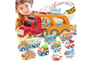 hahaland Camiones de Juguetes Niños 2 años - 10 en 1 Camión Transporte con 9 Coches de fricción, Pull-Back - Coches de Juguetes para Niños 2 3 4 5 años