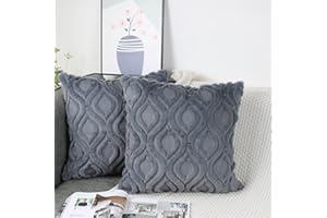 NIULAA Set of 2 Fluffy Faux Fur Cushion Covers 50cm x 50cm Dark Grey Embroidered Boho Decorative Throw Pillow Cases Velvet Cushion Cover 20x20 Inches for Sofa Living Room Farmhouse