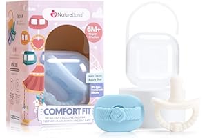 NatureBond Baby Pacifier Dummy Soother Silicone Binky Newborn Teether Pacifiers 2 in 1, Ultra-Light, Curved for Comfort | Hygiene Cover | (6 Months Above, Bubble Blue and Ivory Cream)