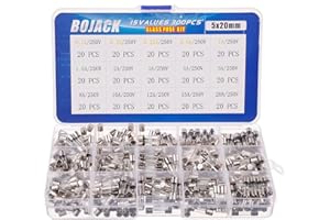 BOJACK 15 Valores 300 piezas Juego de surtido de fusibles de vidrio de fusión rápido 5x20mm 250V 0.1 0.2 0.25 0.5 1 1.5 2 3 4 5 8 10 12 15 20A Paquete en una caja de plástico transparente
