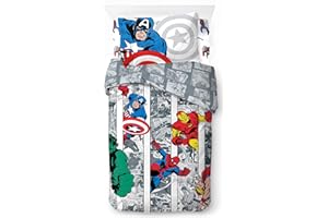 Jay Franco Marvel Comics Comic Cool, Parure de lit Enfant 140x200 cm, 100% Coton, lit 1 Personne - Comprend Housse de Couette, Drap Housse & taie d'oreiller - Convient aux Lits de 90x190cm à 90x200cm