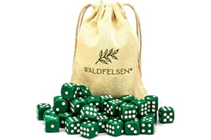 Waldfelsen® Lot de 6, 12, 20, 30 ou 50 dés de qualité supérieure - Taille standard de 16 mm - En acrylique - Avec sac en tissu - Vert