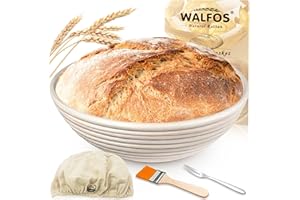 Walfos Banneton Proofing Basket - Set di cestini da fermentazione, ø 25 cm, con 100% rattan naturale, forchetta per pane e rivestimento in lino, ideale per panettieri domestici e professionali