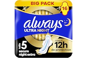 Always Ultra Serviettes Menstruelles Secure Night Extra (taille 5) Avec Ailettes 16 Serviettes, Super Absorbantes Et Ultra-Fines, Pour Règles