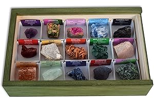 MINERALES Y FOSILES NANO Colección de 15 Minerales de África en Caja de Madera Natural - Minerales Reales educativos con Etiqueta informativa a Color. Kit de Ciencia de Geología para niños.