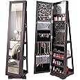 CASART Jewellery Cabinet, 3 in 1 Standing Jewelry Armoire with Full-Length Mirror and Storage Shelf, Lockable Jewellery Organiser for Earring Ring Necklace Cosmetics (360° Swivel Espresso)