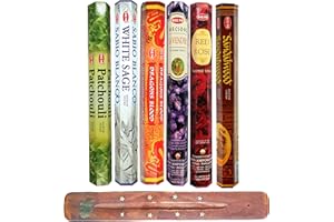 HEM Incense Sticks - 6 unique and premium flavours - Sandalwood, Red Rose, Lavender, Dragons Blood, White Sage, Patchouli with SAMASIA incense holder