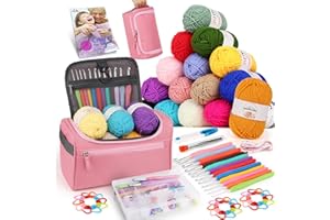 Aeelike Crochet Kits for Beginners Adults, Crochet Kit with Instructions 16Pcsx25g Crochet Yarns Ergonomic Metal Crochet Hooks 2mm-8mm Accessories Storage Case, Crochet Starter Kit for Adults - Pink
