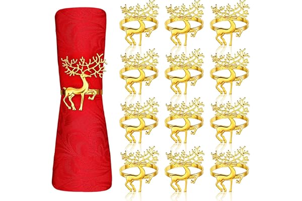 LATERN 12 Pièces Ronds De Serviette Renne De Noël, 6CM Or Porte-Serviettes Elk Boucle De Serviette De Cerf pour Le Déjeuner De Noël Thanksgiving Party Décoration De Table De Mariage De Vacances