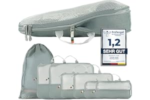 TRAVEL DUDE Packwürfel Set mit Kompression aus recycelten Plastikflaschen | Leichte Packing Cubes | Packtaschen Set für Rucksack & Koffer (Stahlblau, 7-teiliges Set)