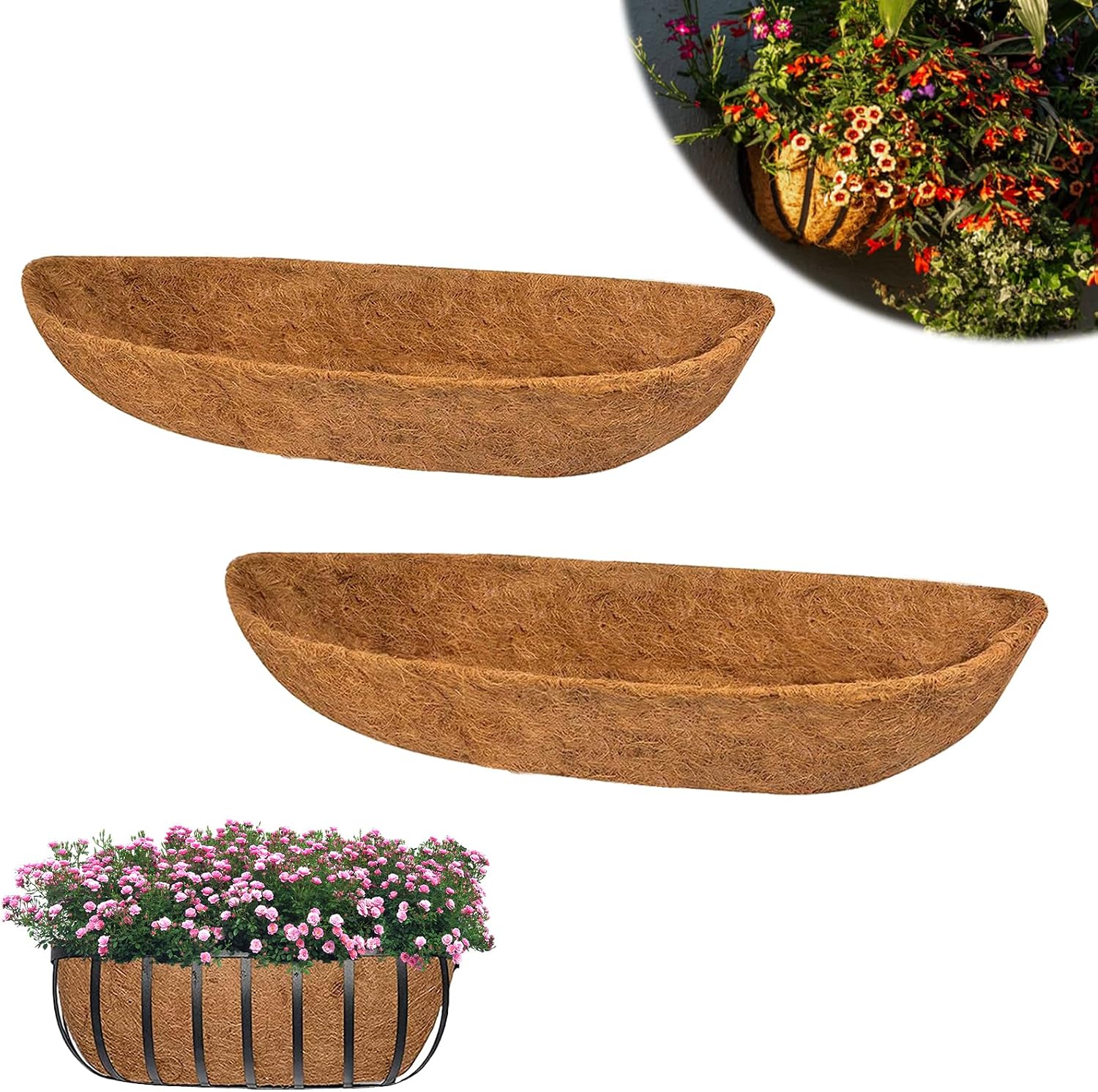 Hoxgar 2PCS Hanging Basket Liners, 24 Inch Coco Coir Trough Planter Liner, Replacement Coconut Liners for Wall-mounted Planter, Window Box, Hanging Trough Flower Basket