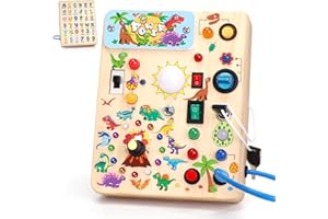 KONIJIWA Juguetes Niños 1 año Dinosaur Montessori Busy Board con 10 interruptores y 23 luces LED Juguete de Aprendizaje sensorial Juegos Niño 1 2 3 años Tablero de Actividades de Madera Regalo Niño Niña