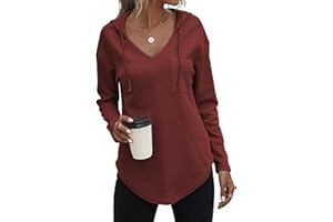 Zeagoo Damska bluza z kapturem z długim rękawem, dekolt w serek, lekka bluza z kapturem, z kieszeniami, długa bluzka