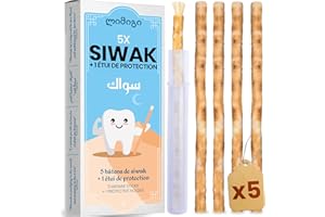 MODOGO 5 Bâtons de Siwak + 1 Étui de Protection - سواك Miswak Brosse à Dents Ecologique - 100% Naturel et Biodégradable - Hygiène Zéro-Déchets - Vegan