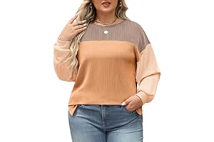heekpek Sweat Femme sans Capuche Grande Taille Col Rond T-Shirts à Manches Longues Sweat Oversize Casual Patchwork Sweatshirts Vetement Femme Automne Hiver
