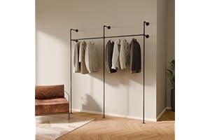 ‎PAMO pamo Kleiderstange Wandmontage 201 x 222 cm - Offener Kleiderschrank Kleiderständer industrial schwarz aus Metall Wasserrohren - 240 kg Traglast