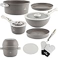 LIFE SMILE Stackable Cookware Set Nonstick 100% PFOA Free Induction Pots and Pans Set Space Saving with Cooking Utensils 13 Piece Granite Coating set (Dark Grey)