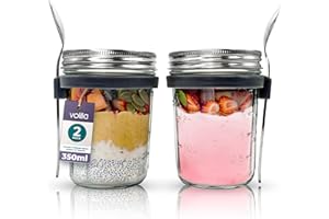 volila 350ml Barattoli Overnight Oats Jar, Vasetti Vetro con Coperchio per Marmellate, Overnight Oats e Bevande, Overnight Oats Contenitore con Coperchio Ermetico a Vite (2 Pack)