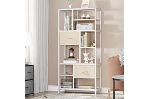 YITAHOME Libreria con 7 ripiani e cassetti, da pavimento a soffitto, design industriale, scaffale in acciaio per soggiorno, ufficio, studio, corridoio, cucina, beige