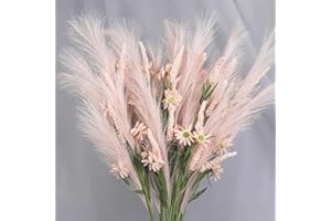 JOENCOST 6Pcs Faux Pampas Grass with Daisy Flowers, Artificial Pompas Grass Bouquet Ear of Wheat, Fake Tall Pampas Grass Reed for Living Room Wedding Party Decoration (Pink)