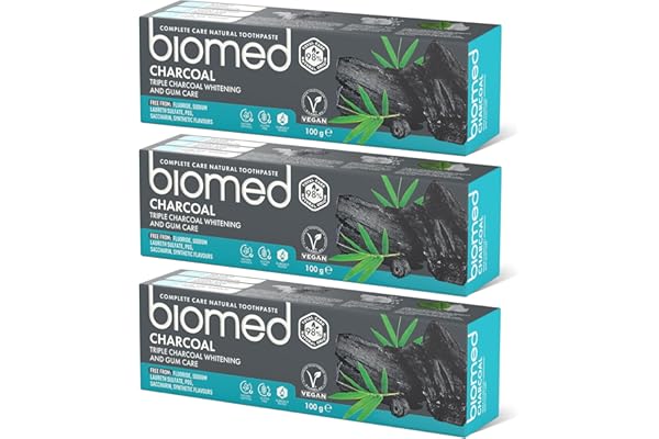 Dentifrice blanchissant Biomed Triple Charcoal 98% naturel | soin des gencives, charbon de bambou | végétalien, sans SLES 100 g - lot de 3