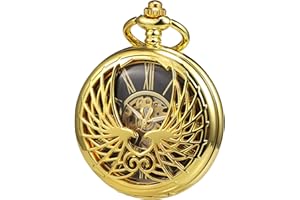 TREEWETO Unisex Taschenuhr mit Kette Analog Handaufzug Doppelscharnier Adler Skelett Römische Ziffern Gold