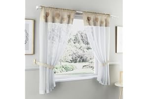 Tyrone Textiles Sweetheart Embroidered Heart Kitchen Window Set Curtain Pair With Matching Tie Backs - Natural (Drop - 36" (91cm))