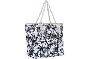 DonDon Bolsa de playa grande con cremallera 58 x 38 x 18 cm palmas blanco negro shopper bolsa de hombro bolsa de Miami Florida