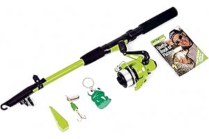 FLADEN Matt Hayes Adventure (1.8m/6ft) KIDS FROGGA Fish4Fun Telescopic Rod/Matching Reel/Line Weight and Spinning Lure/Key Ring and Guide Book Fishing Combo - Ideal set for young kids [99-6039659]