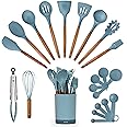 SMIRLY Silicone Kitchen Utensils Set & Holder: Cooking Utensils Set - Kitchen Essentials for New Home & 1st Apartment- Silicone Spatula Set, Cooking Spoons for Nonstick Cookware (Acacia Wood, Blue)