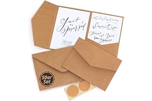 ‎JAPUN Japun - 50 Pocketfold blanko Kraft-Papier Karten inkl. Briefumschläge (DIN B6), Hochzeit, Einladung, gestalten, beschriften ...
