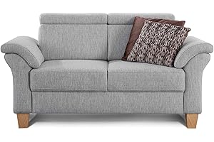 ‎CAVADORE Cavadore 2-Sitzer Sofa Ammerland / Couch mit Federkern im Landhausstil / Inkl. verstellbaren Kopfstützen / 156 x 84 x 93 / Strukturstoff hellgrau