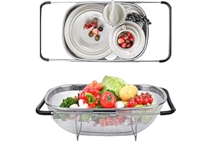 NAUDILIFE Colino da Lavello Scolapasta sopra da lavello in acciaio inox micro perforato sopra il lavello acqua drenante colino con manico spendibile per lavare il risciacquo di frutta e verdura