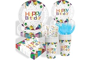 IVEOPPE Partygeschirr Kindergeburtstag - 144 Stück Farbenfroh Pappteller Geburtstag Party Teller Set, mit Pappbecher Servietten Gabeln Papierstrohhalme, für Gebutstag Party Mädchen Junge(24 Gäste)