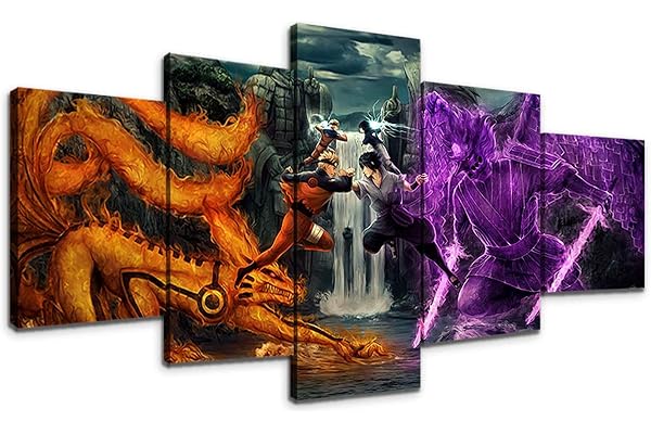 Tableau Naruto Toile 5 Pièces Avec Cadre Sasuke Anime Impression sur Toile Photos pour Salon Chambre décorations pour la Maison(Avec Cadre 50x100cm)