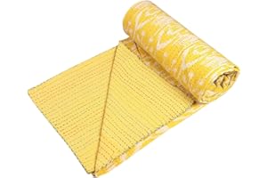 Stylo Culture Indian Kantha Bedspread Single Size Kids Yellow Cotton Ikat Hand Stitched Blanket Bedding Bed Cover