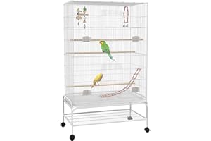 PawHut Large Bird Cage Budgie Cage with Stand, Toys, Wheels, Accessories, Storage Shelf for Canaries, Finches, Lovebirds, Parakeets - White, 79 x 49 x 133 cm