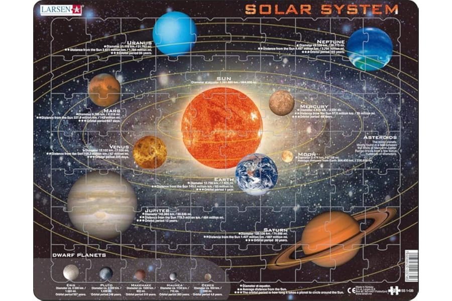 Larsen SS1 Solar System & Planets Jigsaw Puzzle - 70 Pieces - Educational Space Puzzle for Kids & Adults - Boxless Tray & Frame