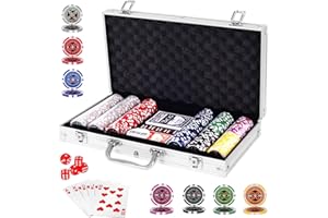 COSTWAY Texas Holdem Poker Set with Chips, 2 Decks of Cards, Dealer Buttons, 5 Dices and Aluminum Case, Casino Style Game Set for Family Friends Party (300 Pieces Silver)