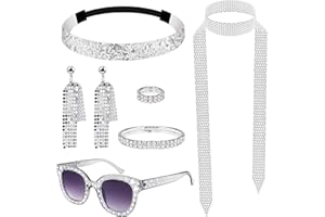 BAANFLY Upgraded 1970s Disco Accessories,Disco Costume Set with Round Frame Bling Sunglasses,Long Scarf Earrings Bracelet Ring Headband Lady Disco Fancy Dress Kit for Women Girls Retro 70/80s Theme Party 7Pcs