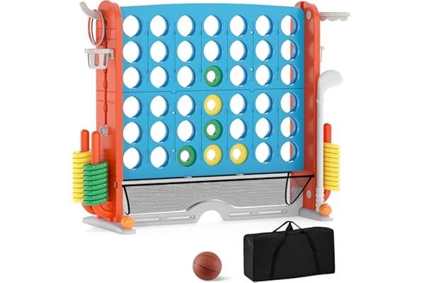 COSTWAY 4 en 1 Jeux Puissance 4 Géant avec 42 Anneaux et Filet, Jeu de Société avec Panier de Basket et Lancer d’Anneaux, Hauteur Réglable, Golf, Porte-gobelets et Sac, Intérieur Extérieur