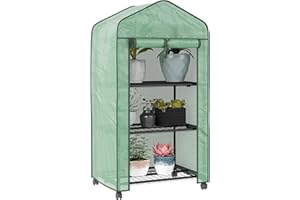 Outsunny 3 Tier Mini Greenhouse with Reinforced PE Cover and Wheels, Portable Small Greenhouse with Roll-up Door and Wire Shelves, 130H x 69W x 49D cm, Green